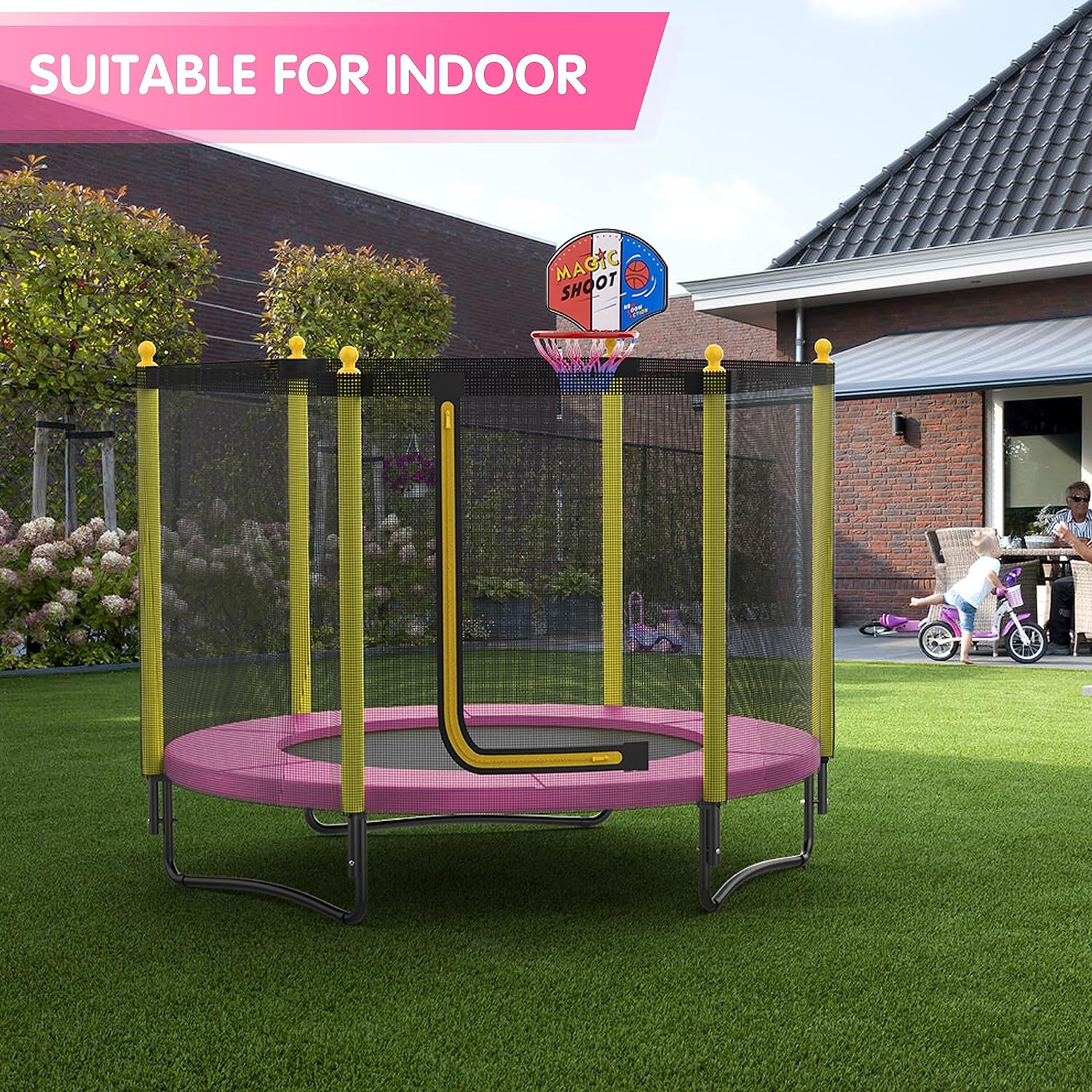 60 Kids Trampoline with Safety Enclosure Net, 5FT Toddler Indoor & Outdoor Trampoline/w Basketball Hoop - Parent-Child Interactive Game Fitness Trampoline Toy Gift for Boys and Girls Age 1-8