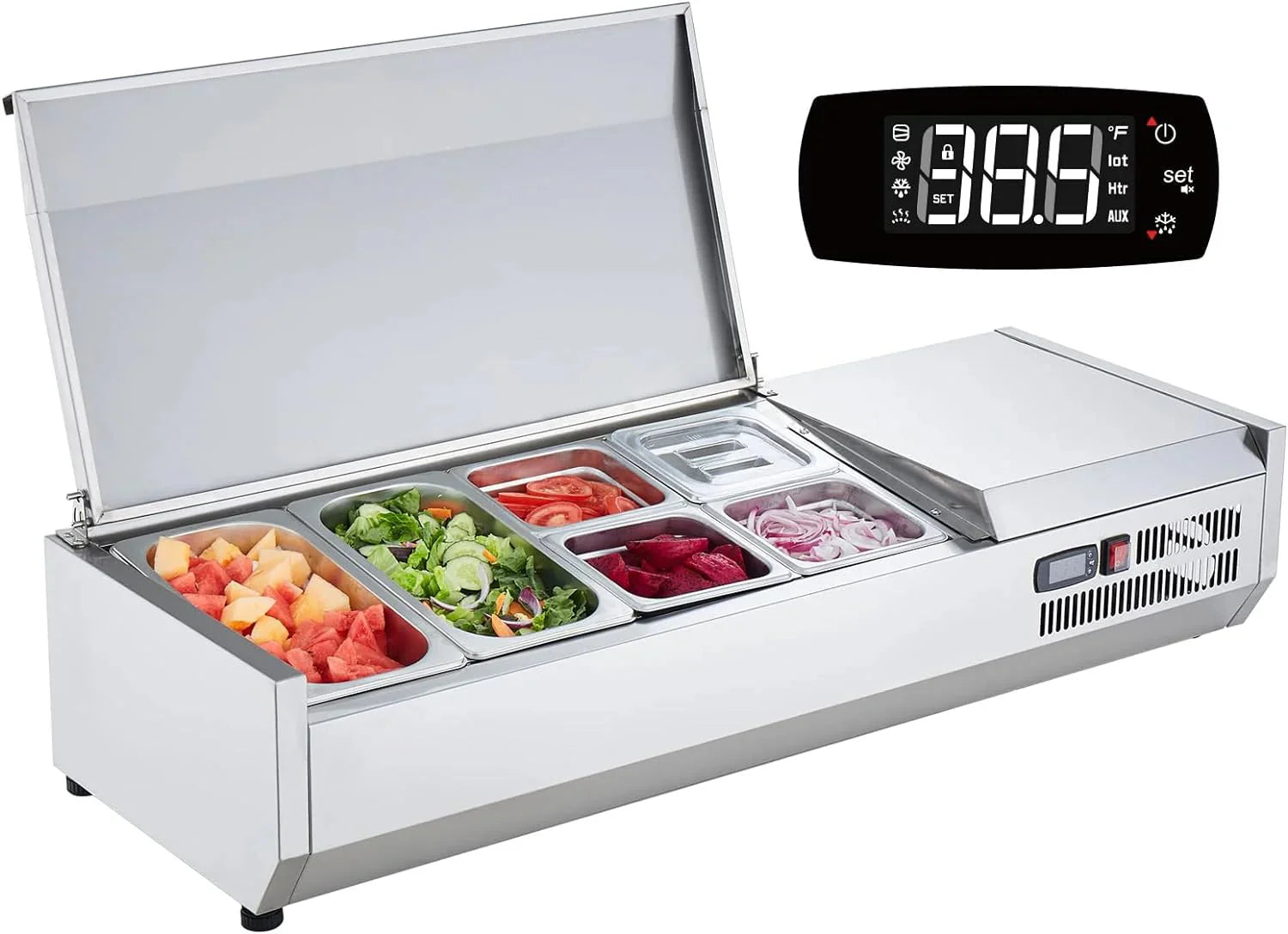 Refrigerated Condiment Prep Station, 135 W Countertop Refrigerated Condiment Station, with 2 1/3 Pans & 4 1/6 Pans, 304 Stainless Body and PC Lid, Sandwich Prep Table with Stainless Guard, ETL