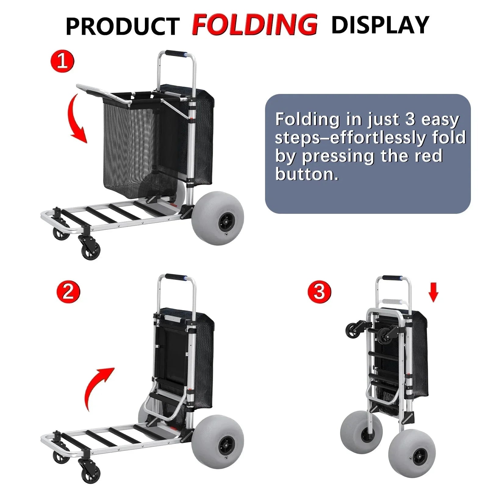 GDLF Foldable Beach Cart with Adjustable Handle and 12 Balloon Wheels, Heavy Duty Aluminum 220LBS Capacity
