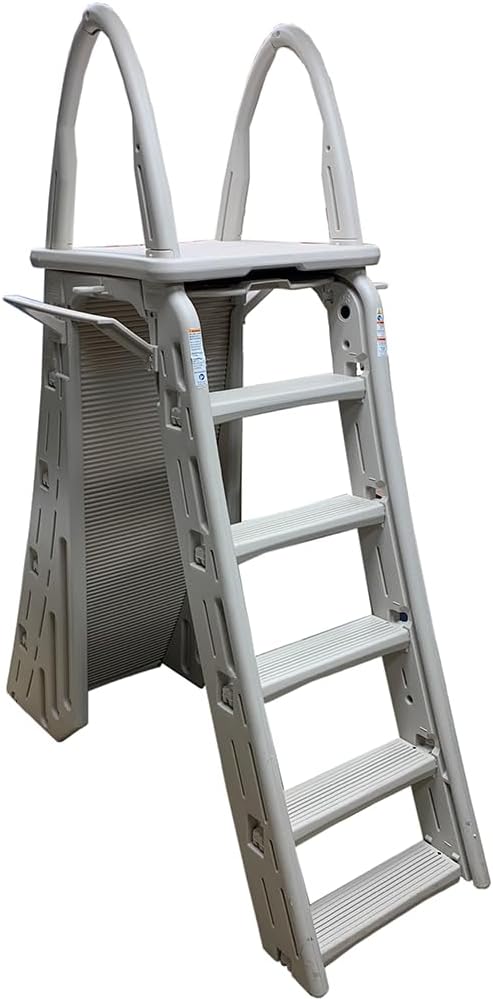 Confer Plastics 7200 Roll Guard 48 to 56 Adjustable A Frame Safety Ladder for Above Ground Outdoor Patio Swimming Pool Platform Ladder with Step Barrier, Warm Grey…