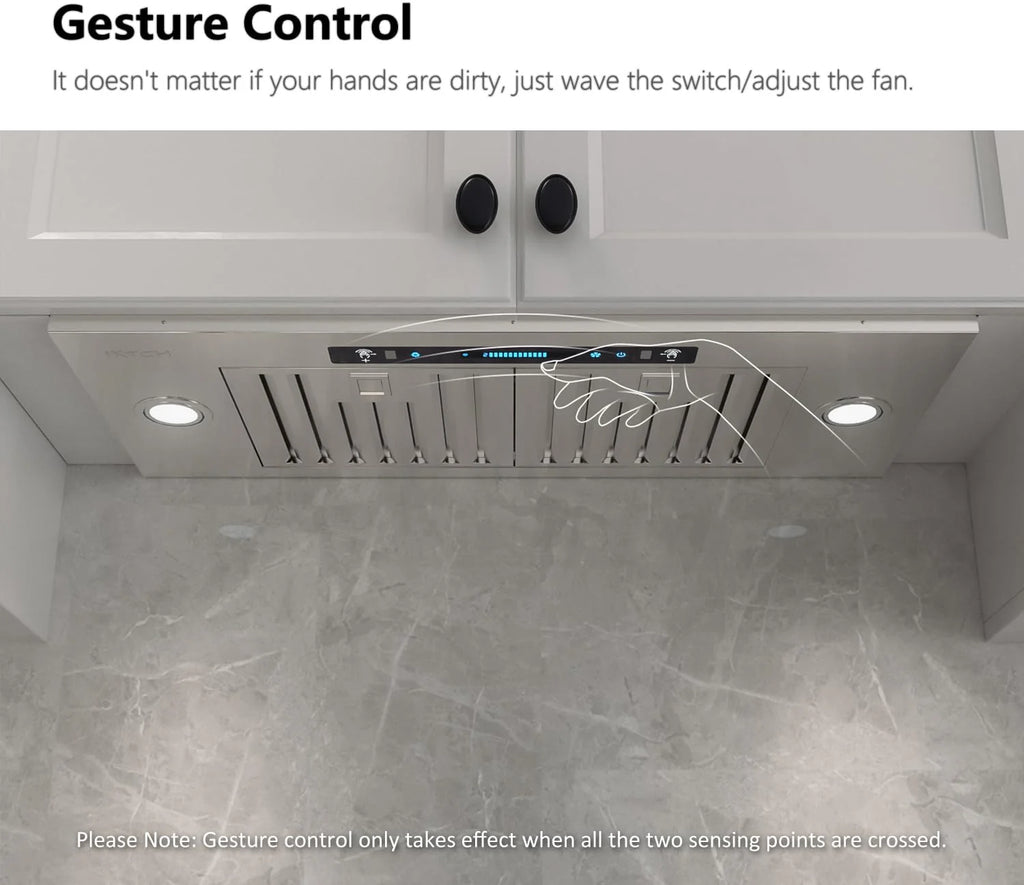 30 inch Built-in/Insert Range Hood 900 CFM, Ducted/Ductless Convertible Duct, Stainless Steel Kitchen Vent Hood with 4 Speed Gesture Sensing&Touch Control Panel(IKB01-30)