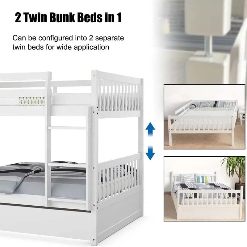 Solid Wood Full Over Full Bunk Bed Frame With Trundle Safety Ladder Amp Guardrails Convertible Bunk Bed For Kids Teens