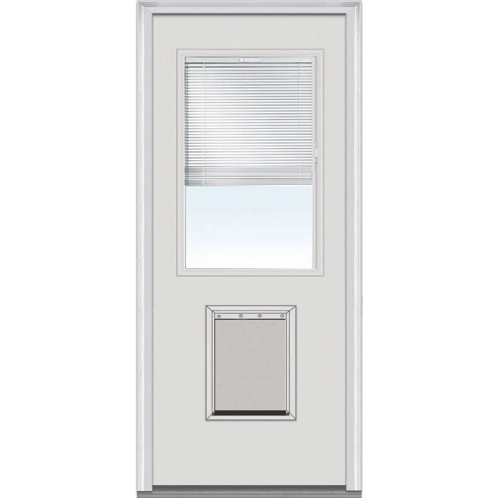 National Door Company Steel Exterior Door, Primed, 1/2 Lite with Clear Glass Internal Blinds & Pet Door, Right Hand Inswing, 32?测??x80?测??