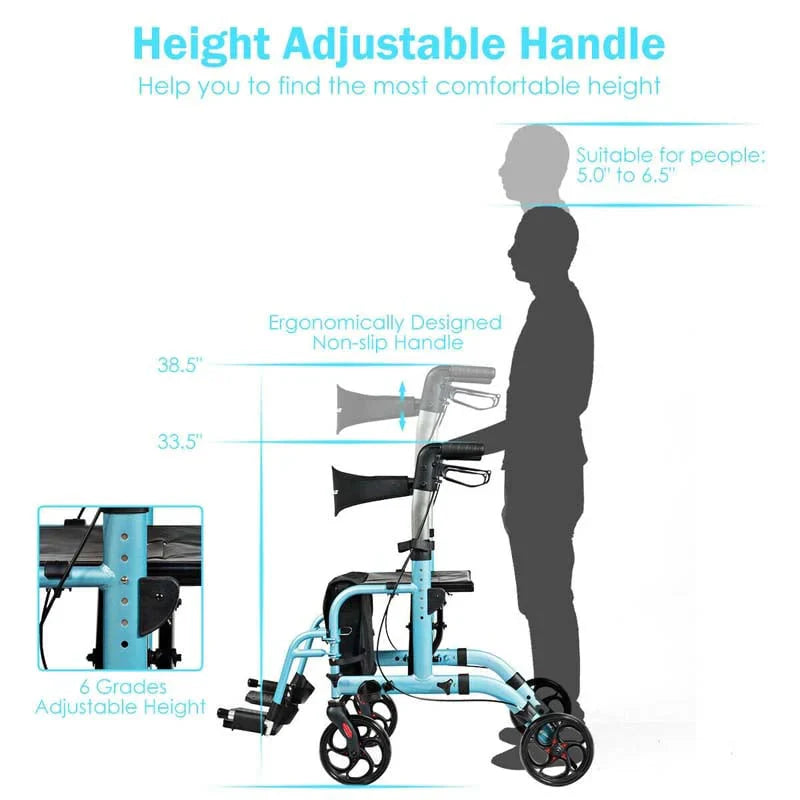 2 In 1 Rollator Walker Wheelchair Folding Medical Walker Aluminum Transport Chair Mobility Walking Aid - Comfortable And Ergonomic Design
