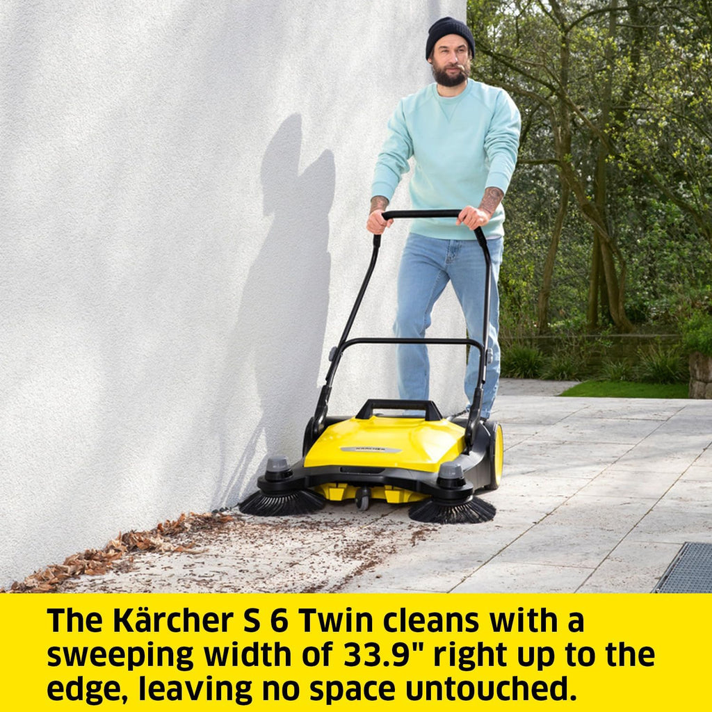 S 6 Twin Walk-Behind Outdoor Hand Push Floor Sweeper - 10 Gallon Capacity - 33.9 Sweeping Width - Sweeps up to 32,300 Square Feet/Hour