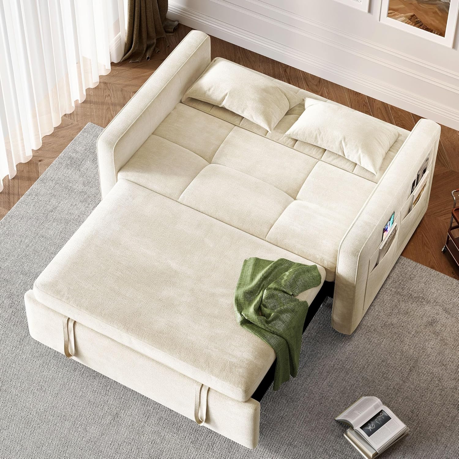 DWVO 3-in-1 Convertible Sofa Bed, 55 Sleeper Sofa with Pull-Out Bed, Cat-Scratch-Proof Fabric Futon Couch with Adjustable Backrest and Side Pocket, Loveseat for Living Room Apartment, Grey