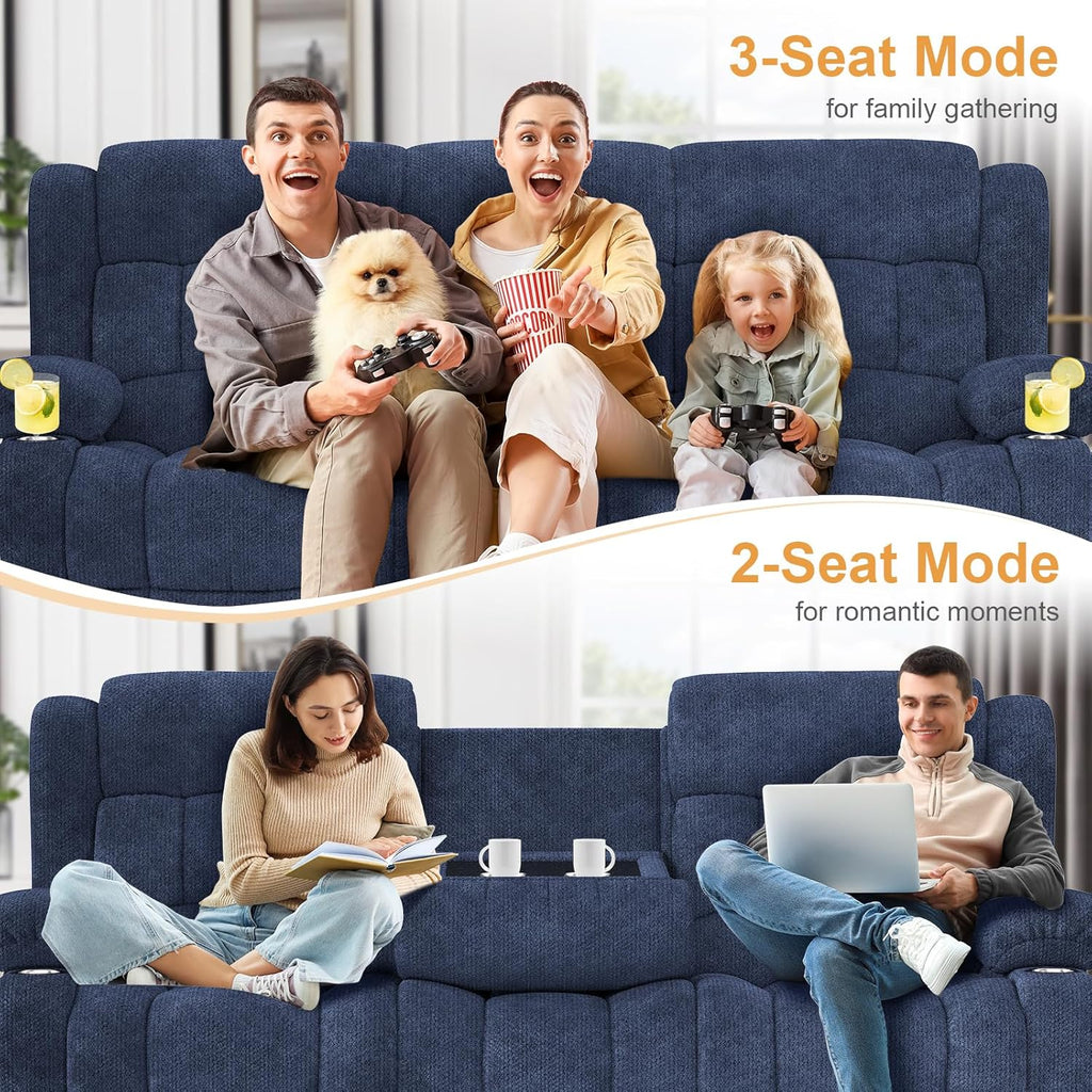 3 Seat Reclining Sofa with Storage Drawer USB Ports & Cup Holders Manual Couch
