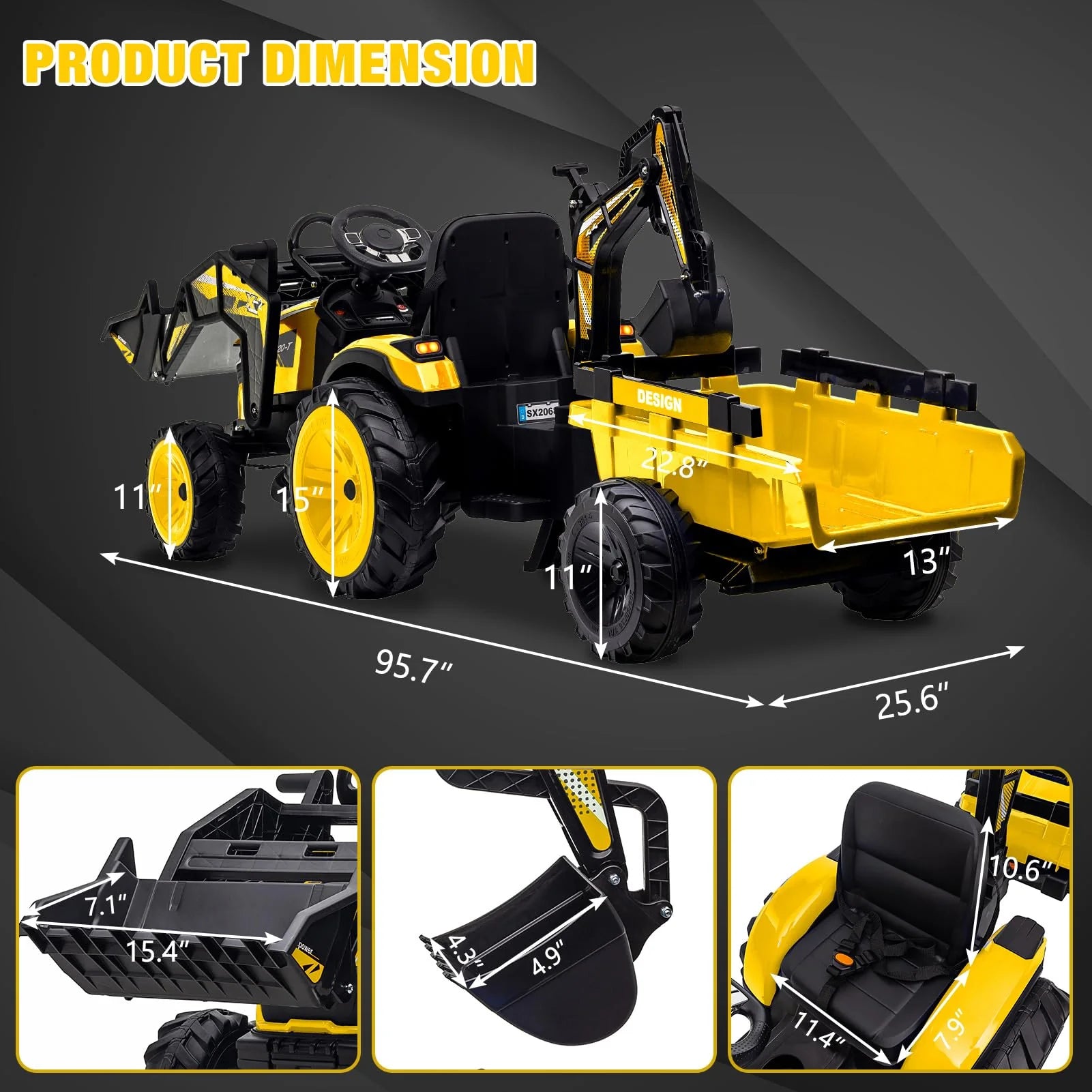 3-in-1 Ride-On Tractor, 24V Electric, Excavator & Bulldozer, Remote Control, LED, Music, USB/Bluetooth max 66 lbs – Bright-yellow