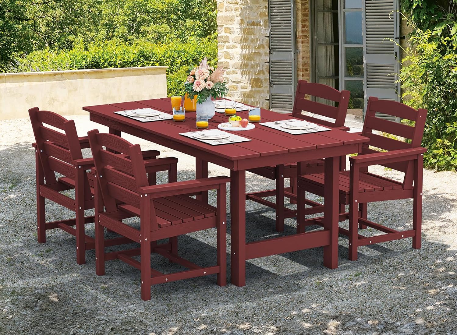 SERWALL 7-Piece Patio Table Set, Outdoor HDPE Dining Furniture with Umbrella Hole, All Weather Table and Chairs for Lawn, Garden, Poolside, Aruba