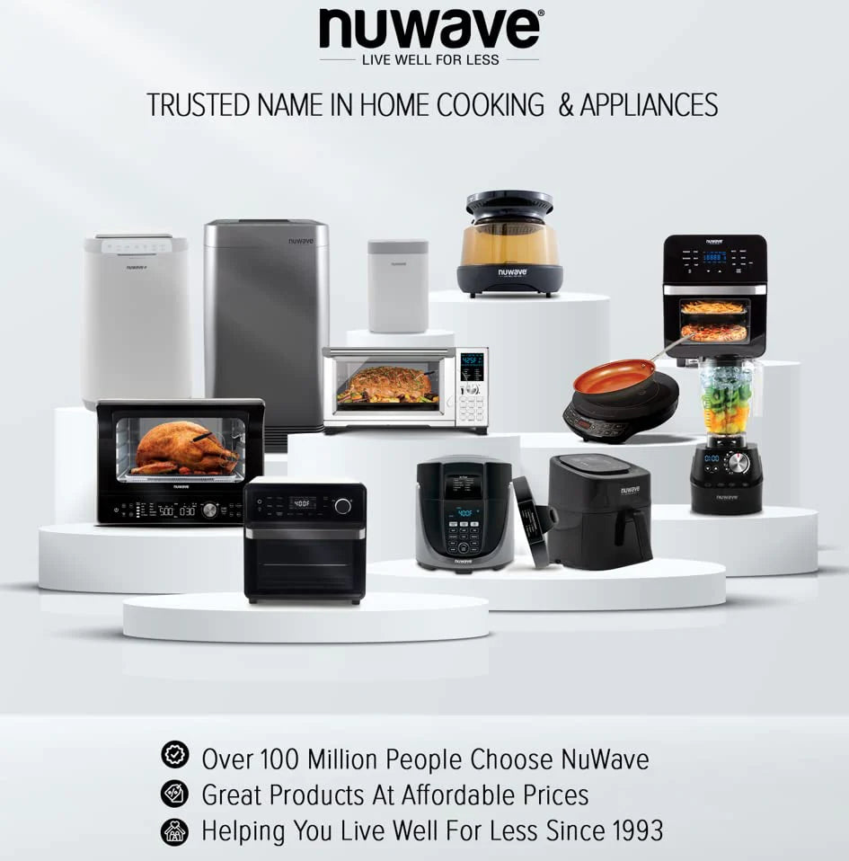 Nuwave Brio 8 Qt Air Fryer, Powerful 1800W, Easy to Read Cool White Display, 50° 400°F Temp Controls, 100 Pre Programmed Presets & 50 Memory Slots, Integrated Smart Thermometer, Linear T Technology