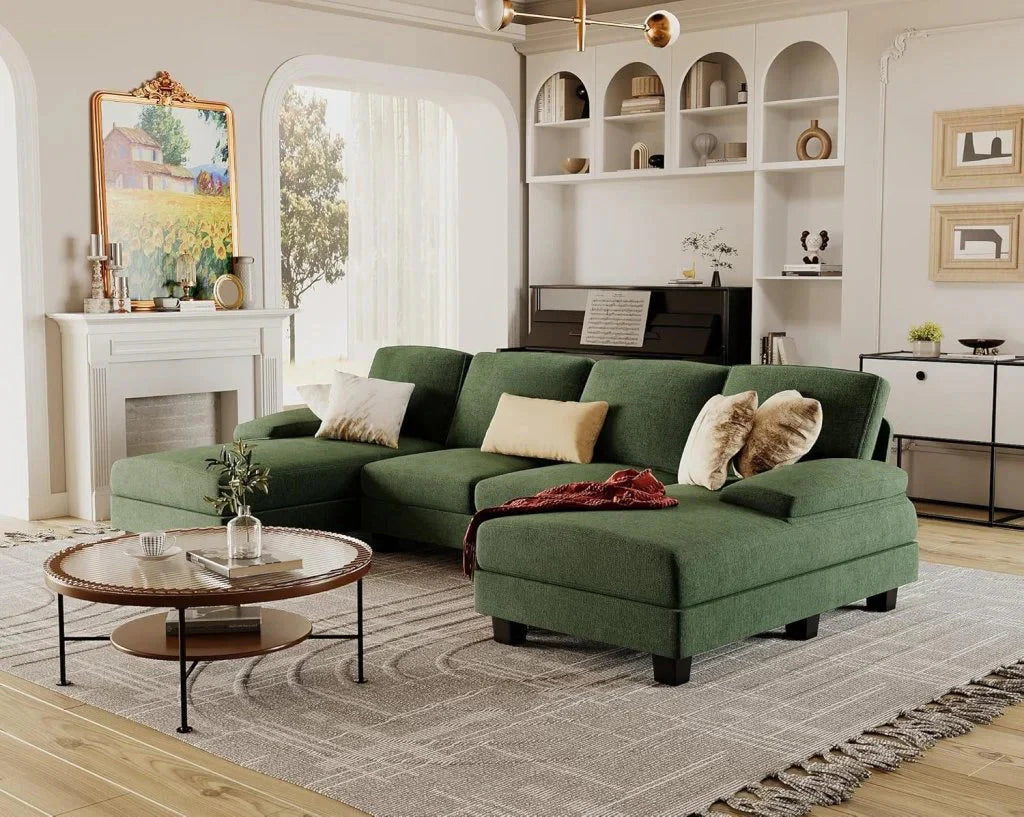 Furmax Sectional Couches for Living Room, U-Shaped Sofa Couch with Linen Fabric, 4 Seat Sofa Set with Double Chaise for Apartment (Fabric, Grey)