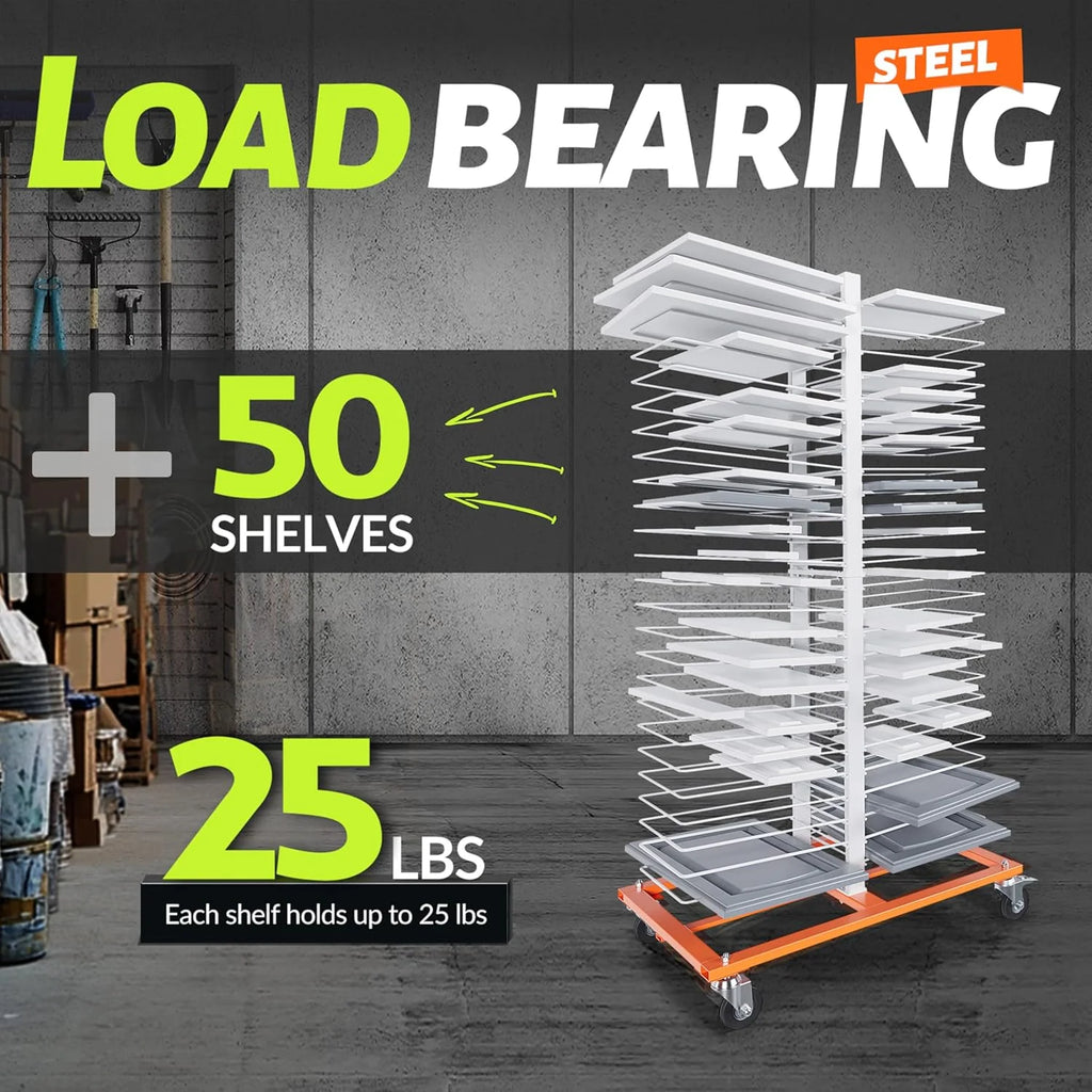50-Shelf Paint Drying Rack with Wheels, 25lbs/Shelf, Orange/White
