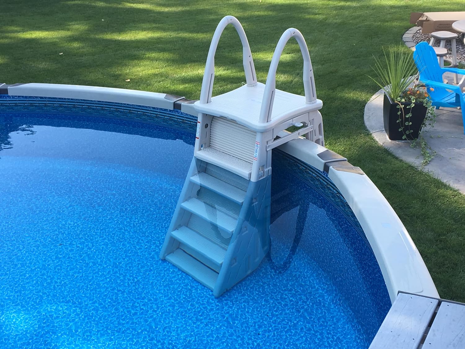 Confer Plastics 7200 Roll Guard 48 to 56 Adjustable A Frame Safety Ladder for Above Ground Outdoor Patio Swimming Pool Platform Ladder with Step Barrier, Warm Grey…