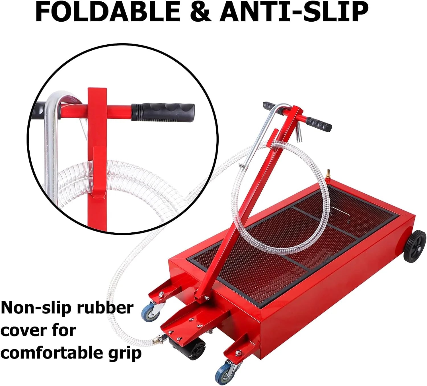 20 Gallon Low Profile Roll Around Oil Drain Pan with 110V Electric Pump 8 Feet Hose for Trucks Cars SUVS Red