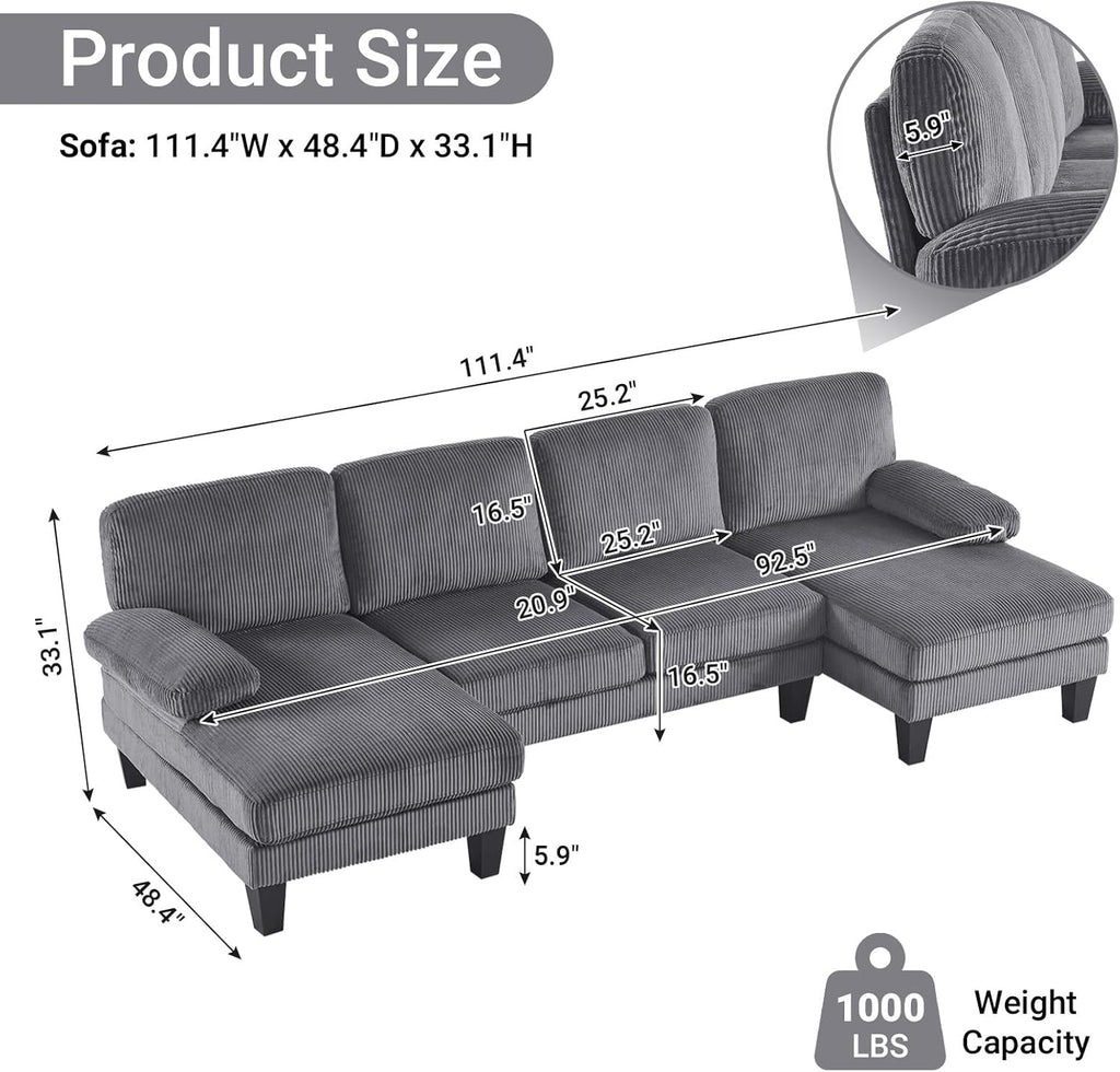 VINGLI 110 Sectional Couches for Living Room,U Shaped Couch with Double Chaise, 4-Seat Sofa Set with Chenille Fabric for Home Furniture,Beige