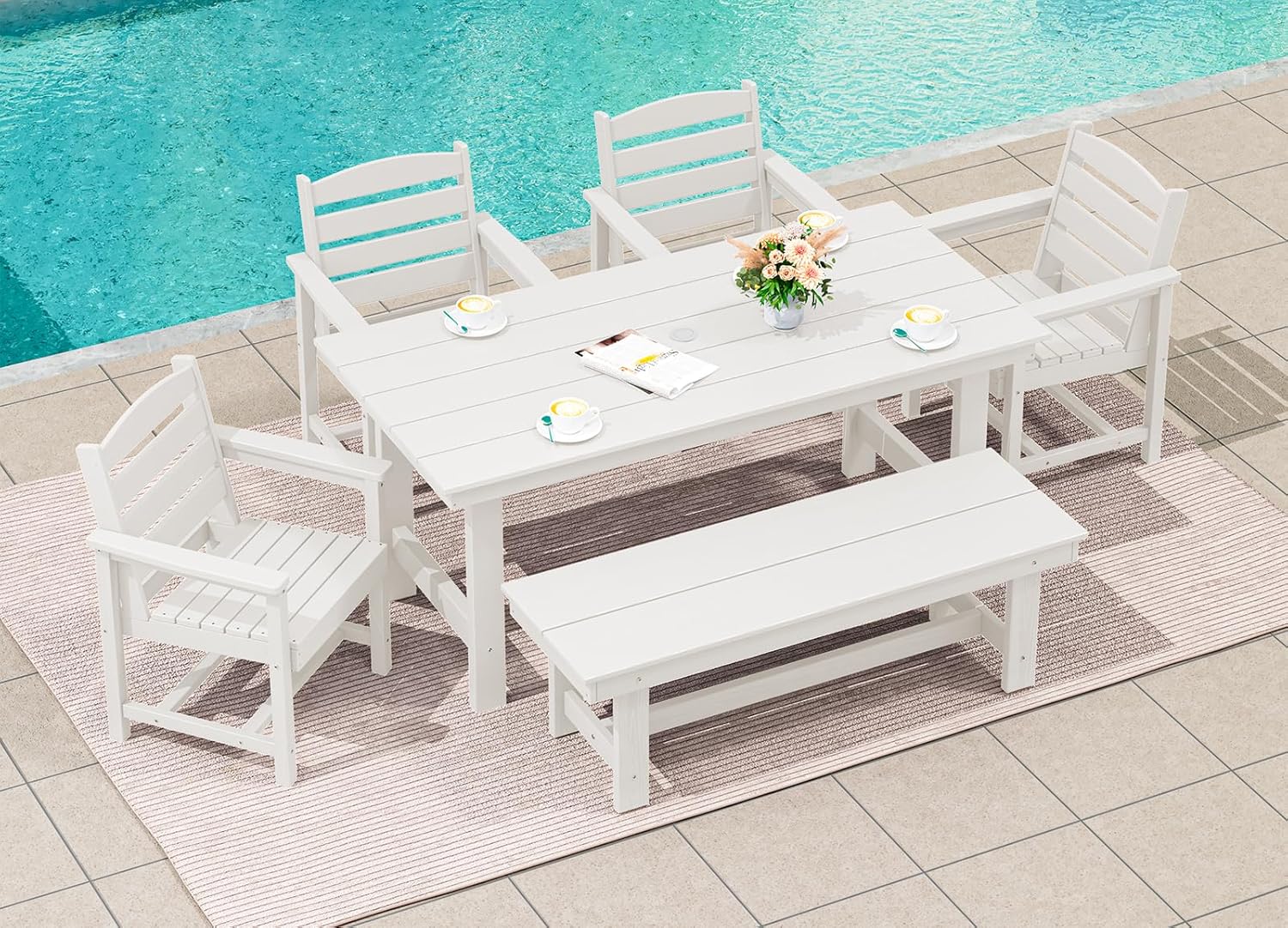 SERWALL 7-Piece Patio Table Set, Outdoor HDPE Dining Furniture with Umbrella Hole, All Weather Table and Chairs for Lawn, Garden, Poolside, Aruba