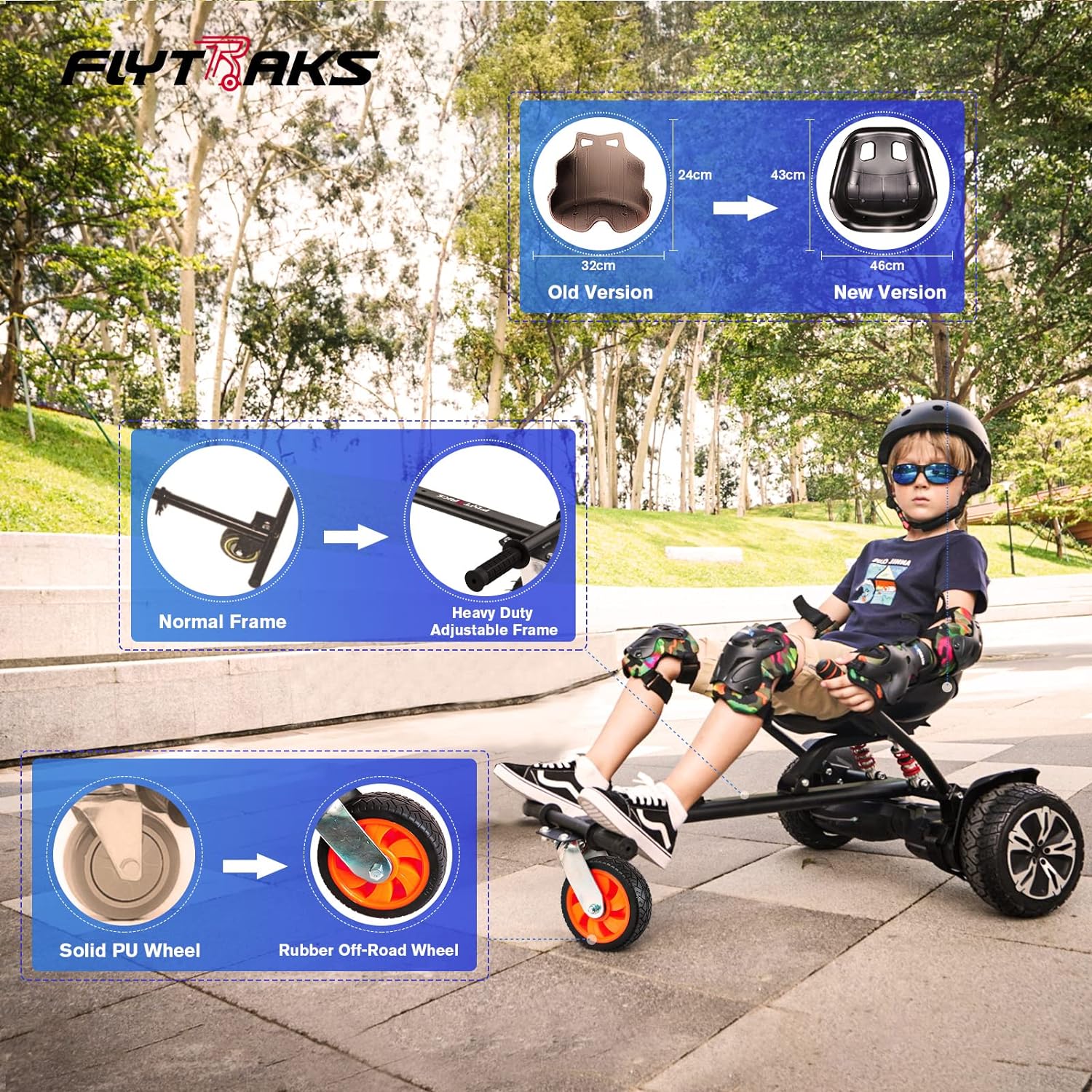 Hoverboard Go Kart with Rear Shock Absorption, Hoverboard Seat Attachment Accessory for 6 to 10 Hoverboard, Adjustable Frame Length & Off-Road Rubber Wheel (Not Including Hoverboard