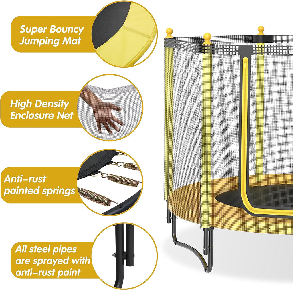 60 Kids Trampoline with Safety Enclosure Net, 5FT Toddler Indoor & Outdoor Trampoline/w Basketball Hoop - Parent-Child Interactive Game Fitness Trampoline Toy Gift for Boys and Girls Age 1-8