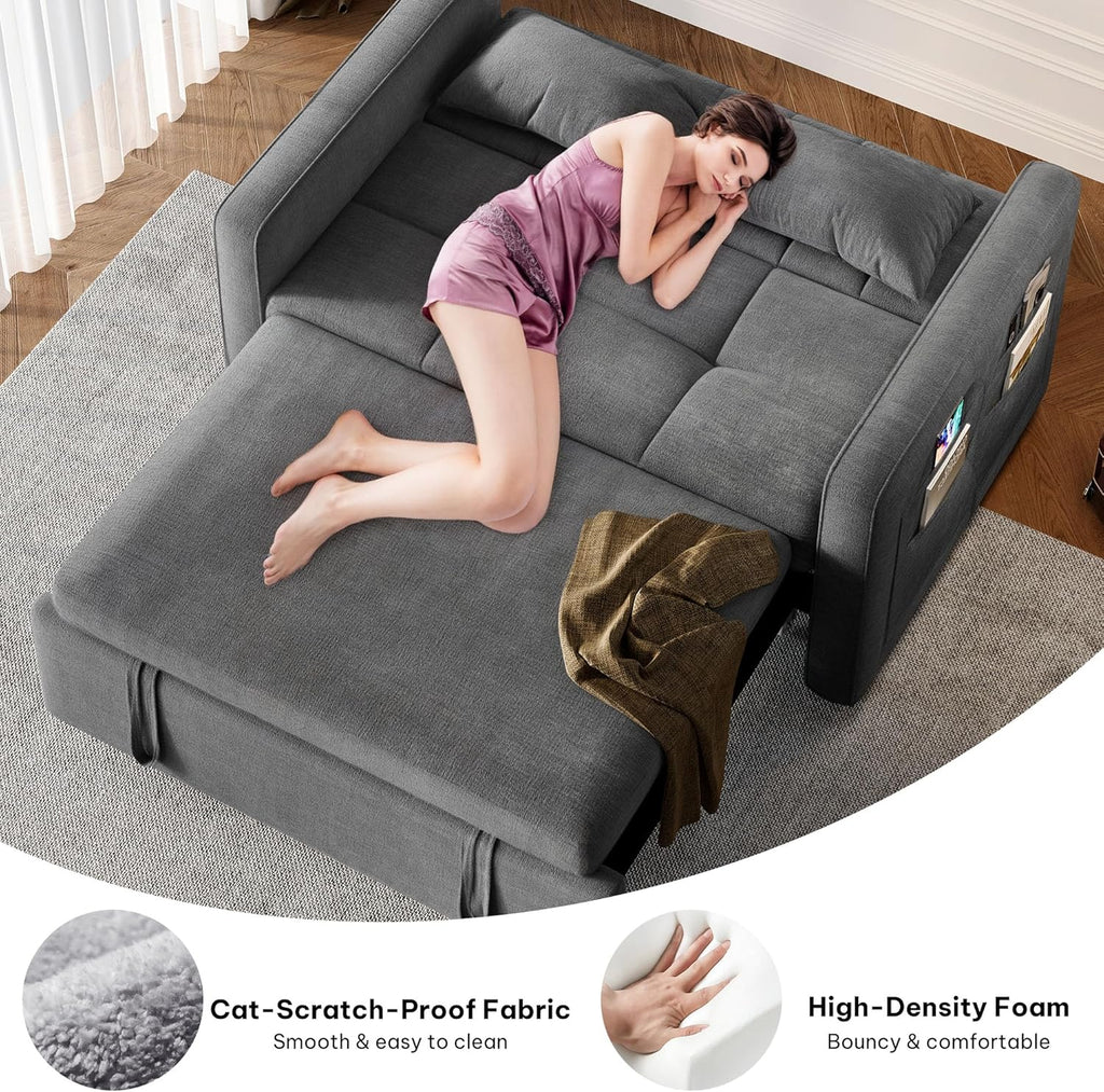 DWVO 3-in-1 Convertible Sofa Bed, 55 Sleeper Sofa with Pull-Out Bed, Cat-Scratch-Proof Fabric Futon Couch with Adjustable Backrest and Side Pocket, Loveseat for Living Room Apartment, Grey