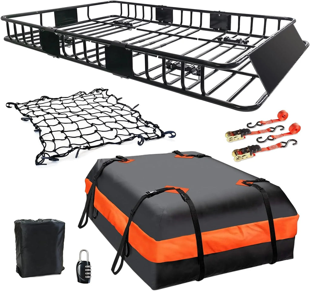 Folding hitch mounted cargo basket 60 With hook stabilizer, net and straps
