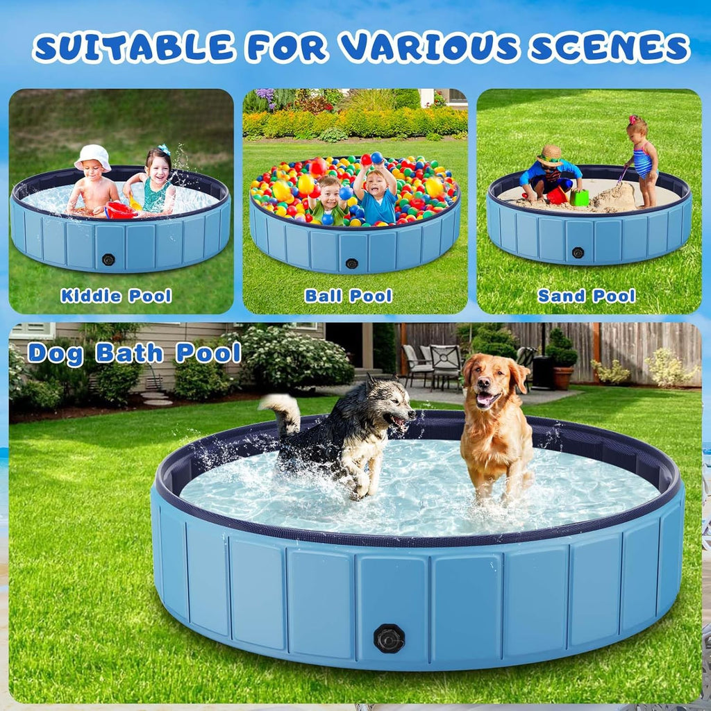 Foldable Dog Swimming Pool, 120x20 Oversize Collapsable Hard Plastic Potable Bathing Tub for Pet Dog Kiddie Pool Indoor and Outdoor Leakproof PVC Play Pool for Large Dogs Pets Puppy Kids Blue