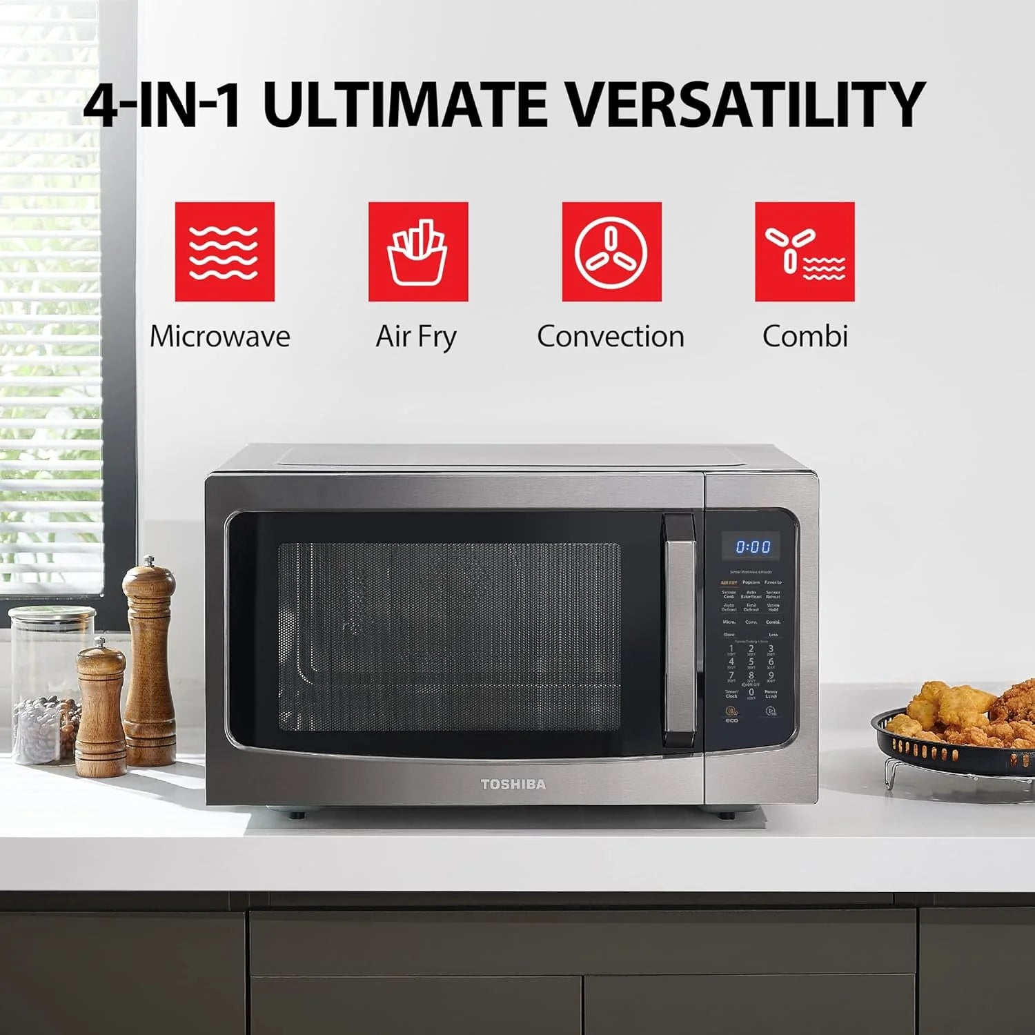 TOSHIBA 4-in-1 ML-EC42P(SS) Countertop Microwave Oven, Smart Sensor, Convection, Air Fryer Combo, Mute Function, Position Memory 13.6 Turntable, 1.5 Cu Ft, 1000W, Silver
