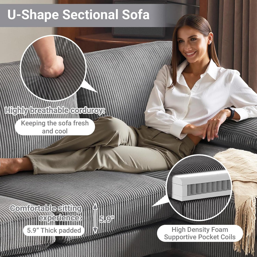 VINGLI 110 Sectional Couches for Living Room,U Shaped Couch with Double Chaise, 4-Seat Sofa Set with Chenille Fabric for Home Furniture,Beige