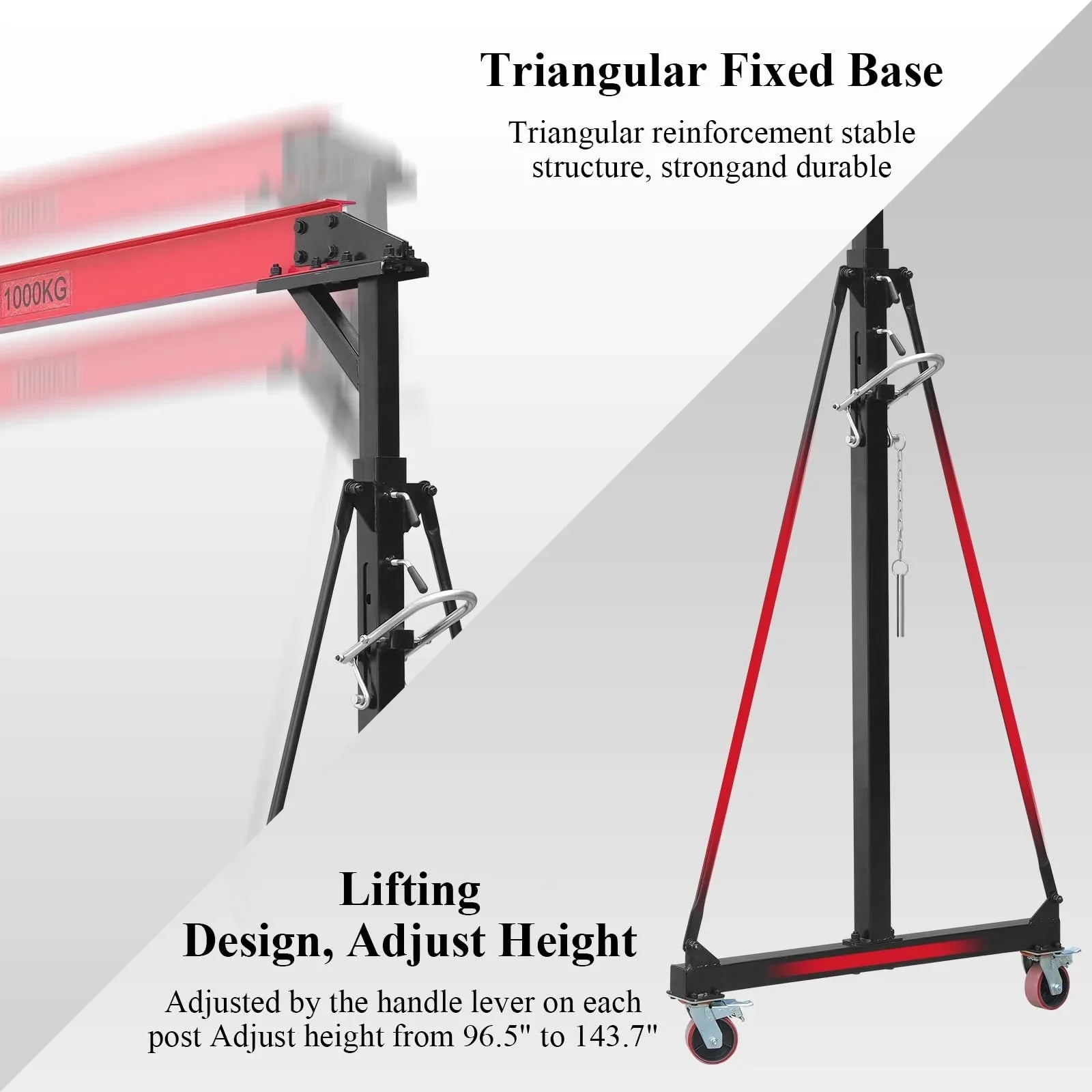 Garvee 1 Ton Adjustable Gantry Crane, 2200 lbs Capacity, Height Adjustable 96.5-143.7, Portable Hoist for Factory, Construction, Warehouse, Auto Repair